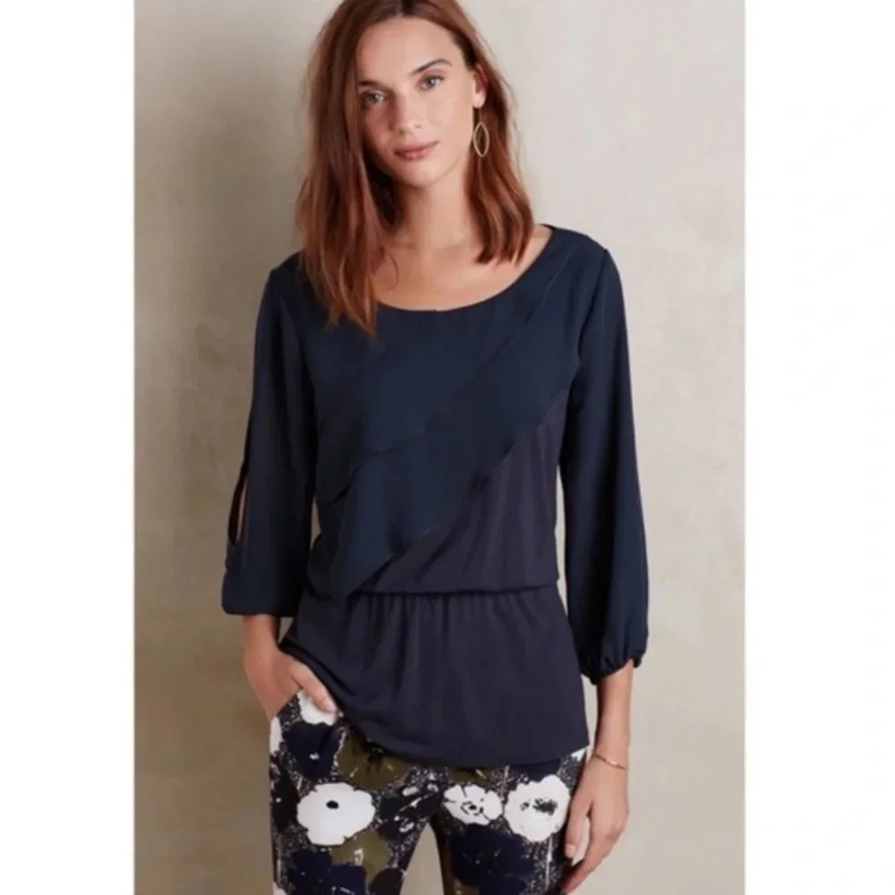 Anthropologie Deletta Alee Navy Ruffle Blouse XS NWT
